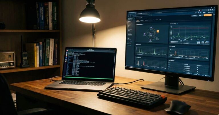 O meu "Centro de Comando": home office organizado com dois monitores exibindo terminal Linux e console da AWS para gestão de servidores.