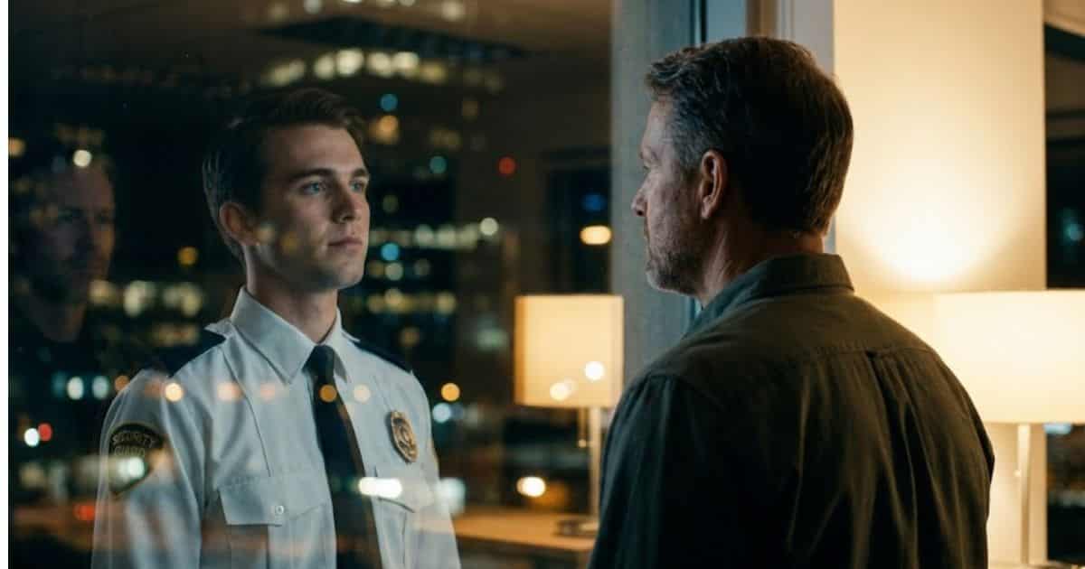 Um olhar para o passado: o homem maduro encontra o jovem segurança no reflexo da vida.