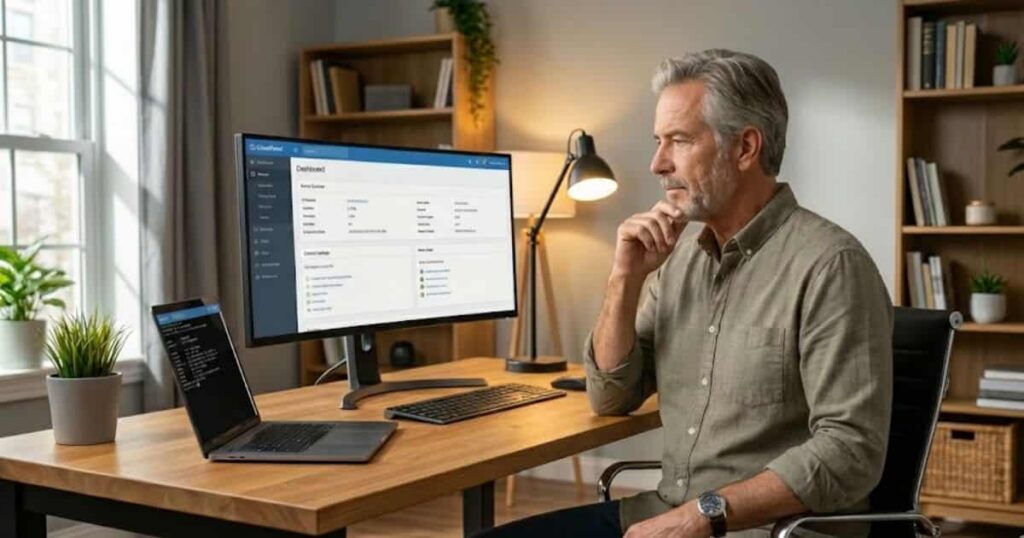 O especialista em infraestrutura Fernando Webeira em seu centro de comando tecnológico, monitorando servidores AWS e segurança digital.