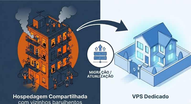 Infográfico ilustrando o efeito do vizinho barulhento em hospedagem compartilhada para VPS com isolamento seguro de um servidor AWS.