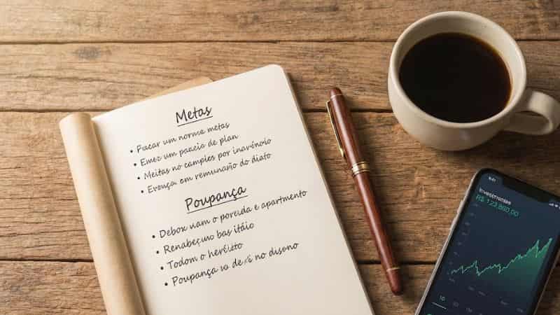 Mesa de trabalho organizada e simples, representando o foco e a clareza mental de uma vida frugal.