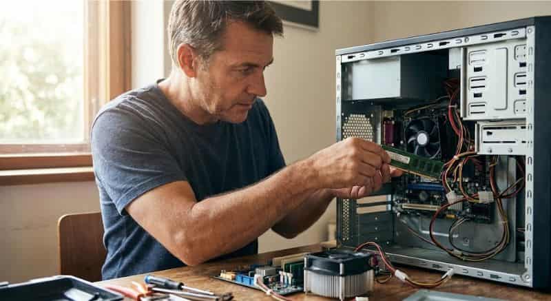 O guarda que aprendeu a lidar com servidores a realizar a montagem prática de memória RAM no hardware de um computador de mesa.