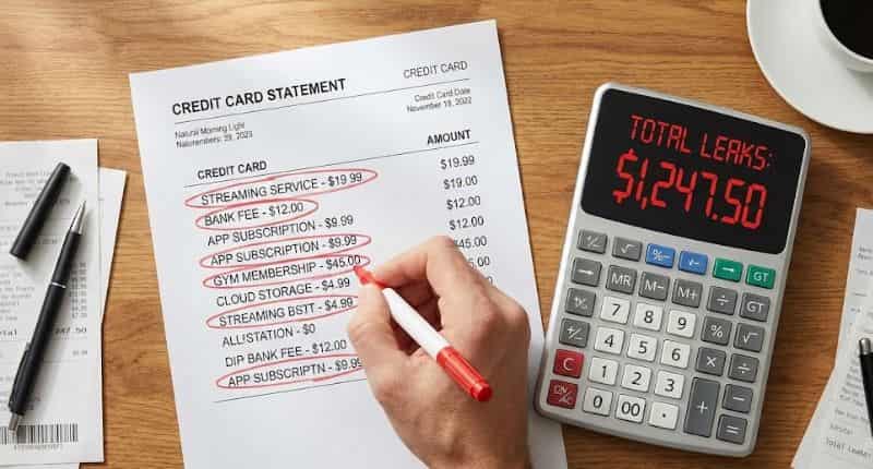 Fotografia vista de cima mostrando uma mão usando uma caneta marcadora vermelha para circular despesas inúteis em uma fatura de cartão de crédito, ilustrando a busca por vazamentos financeiros.