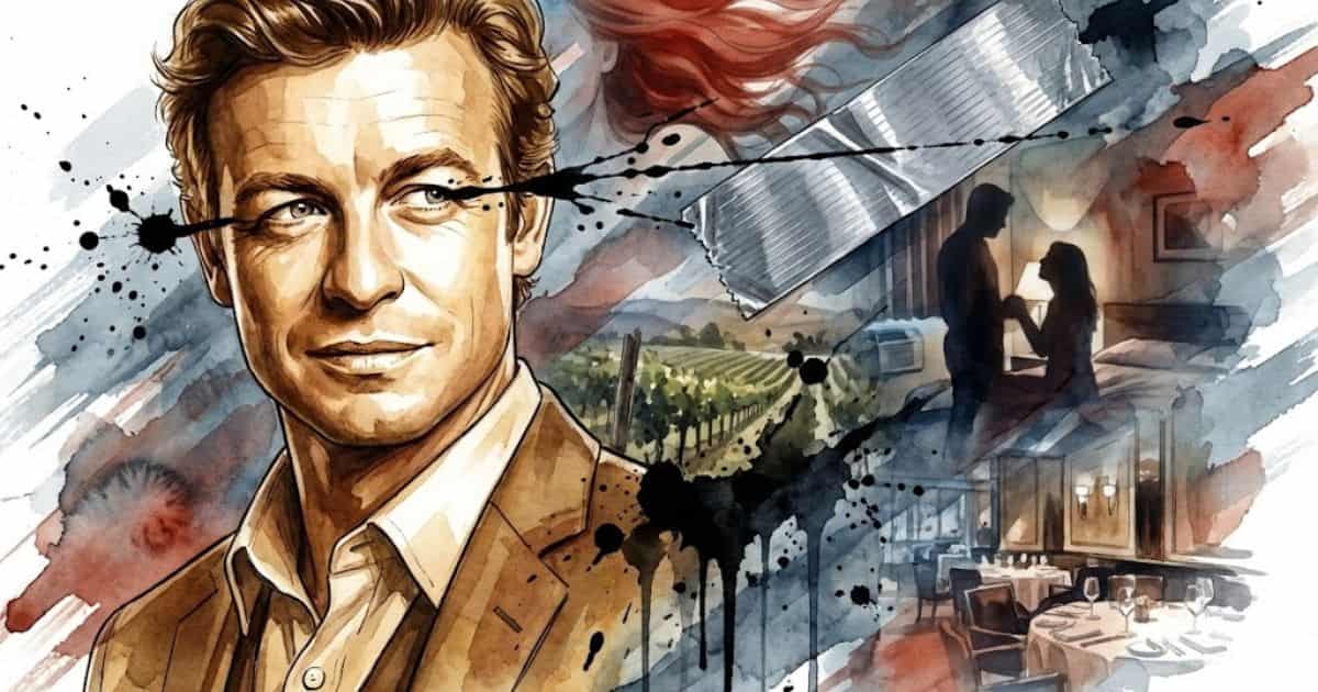Ilustração em aquarela de Patrick Jane observando pistas de cabelo ruivo e fita prateada durante a investigação do episódio O Mentalista T01E02 em Napa Valley.