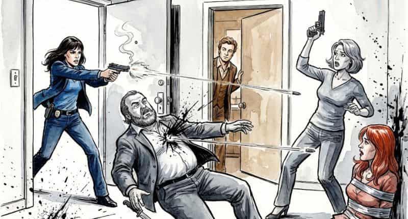 Ilustração dinâmica do clímax de O Mentalista T01E02: Teresa Lisbon atira em Malcolm Boatwright (barbudo, com faca) enquanto Sandra Boatwright saca uma arma no quarto de motel. A vítima ruiva está amarrada com fita prateada e Jane observa ao fundo. Estilo aquarela.