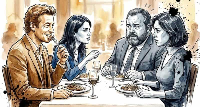 Patrick Jane come tranquilamente enquanto Lisbon questiona o casal nervoso, Malcolm Boatwright (barbudo e suando) e sua esposa Sandra, em O Mentalista T01E02. Ilustração em aquarela.
