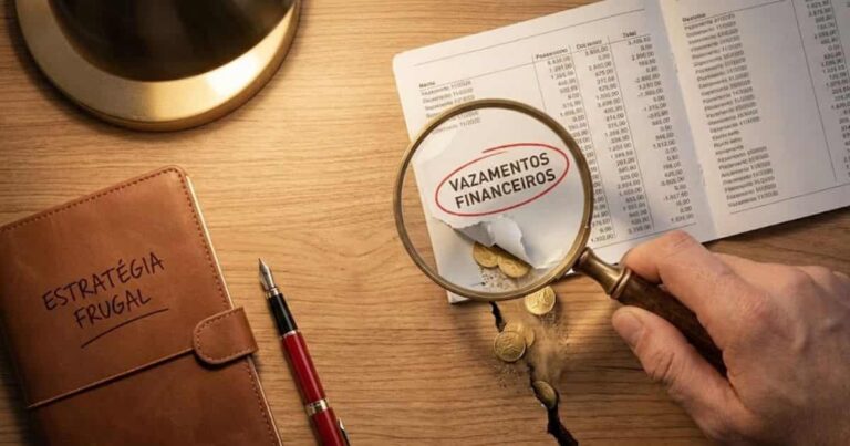 Fotografia plana mostrando uma mão com lupa analisando um extrato bancário onde moedas de ouro representam vazamentos financeiros caindo em uma rachadura. Ao lado, um caderno de Estratégia Frugal.