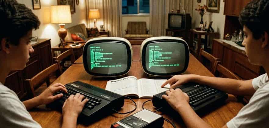 Dois jovens em 1985 sentados lado a lado em uma mesa, compartilhando uma Revista Prológica para digitar código em dois computadores CP300 com TVs de tubo e um gravador K7