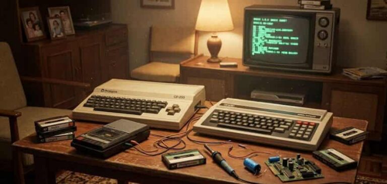 Mesa de trabalho nos anos 80 com dois computadores antigos CP300 e MC-1000, gravador de fita cassete e ferramentas de eletrônica, representando o início da informática.