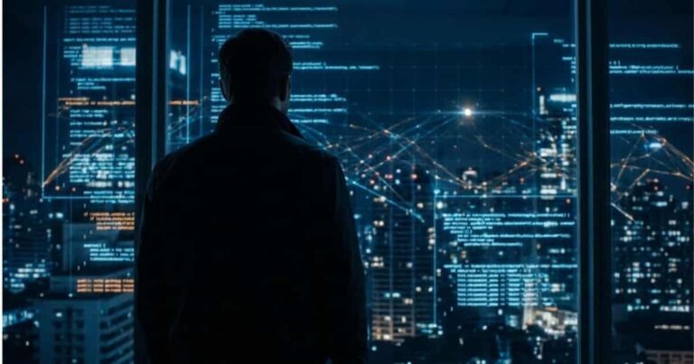 Silhueta de um observador analítico examinando padrões de dados digitais luminosos, representando a aplicação da Inteligência Situacional na segurança física e digital.