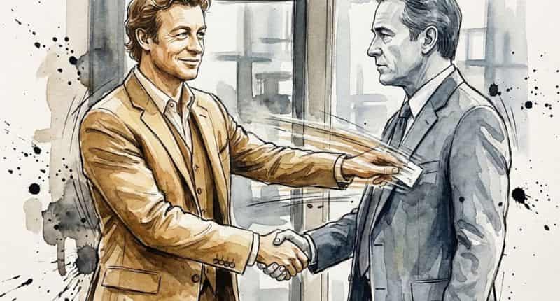 A Farsa do Red John e a Armadilha do Diário - Ilustração em aquarela mostrando um movimento rápido e quase invisível onde Patrick Jane furta o cartão do Dr. Wagner durante um cumprimento.