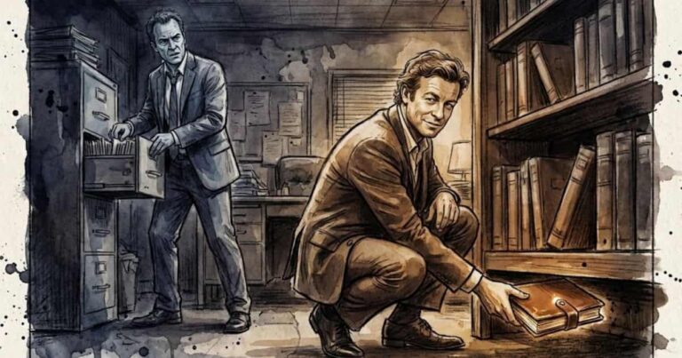 Ilustração em aquarela e carvão mostrando Patrick Jane agachado e sorrindo ao encontrar o diário falso embaixo de uma estante de madeira, enquanto ao fundo o Dr. Wagner, tenso, vasculha um arquivo de metal.