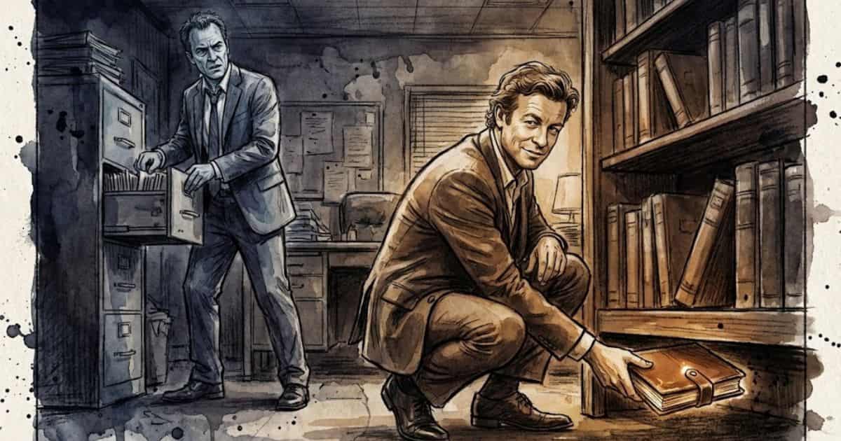 Ilustração em aquarela e carvão mostrando Patrick Jane agachado e sorrindo ao encontrar o diário falso embaixo de uma estante de madeira, enquanto ao fundo o Dr. Wagner, tenso, vasculha um arquivo de metal.