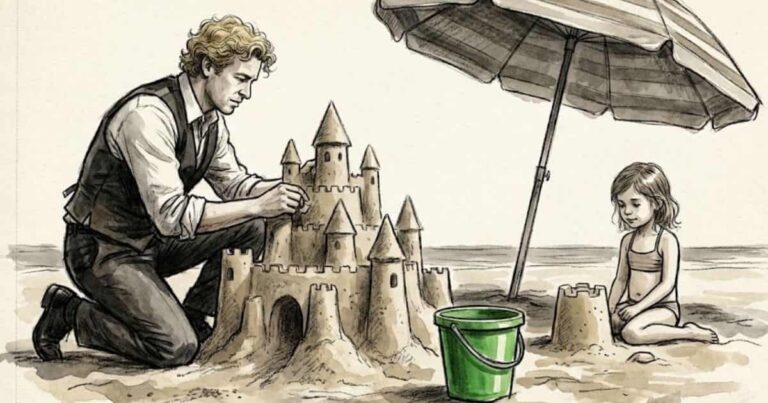 Ilustração estilo esboço em aquarela e carvão de um homem semelhante a Patrick Jane, de colete, ajoelhado na areia da praia construindo um grande castelo de areia. Ao lado dele, uma menina pequena constrói um montinho de areia com um balde verde.