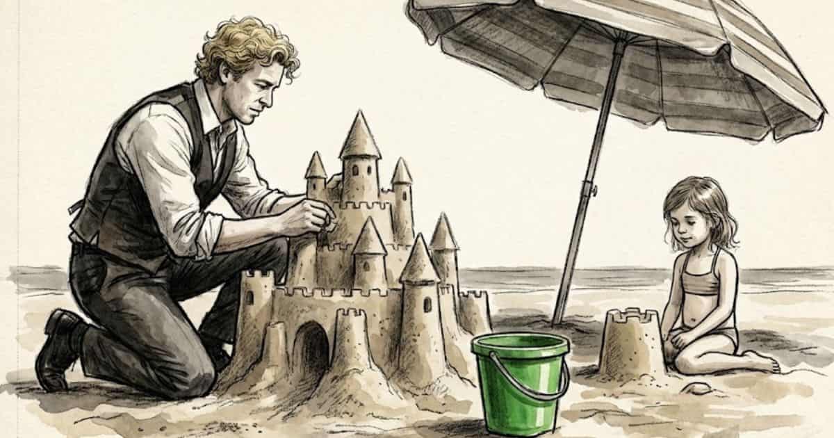 Ilustração estilo esboço em aquarela e carvão de um homem semelhante a Patrick Jane, de colete, ajoelhado na areia da praia construindo um grande castelo de areia. Ao lado dele, uma menina pequena constrói um montinho de areia com um balde verde.