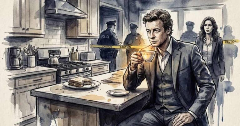 Ilustração artística estilo aquarela de Patrick Jane segurando uma xícara de chá com expressão analítica.