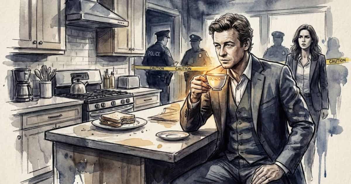 Ilustração artística estilo aquarela de Patrick Jane segurando uma xícara de chá com expressão analítica.