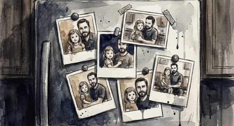 Como Jane decifrou um crime - Ilustração estilo aquarela de uma porta de geladeira coberta com fotos que mostram apenas um pai e sua filha, sem a presença da mãe.