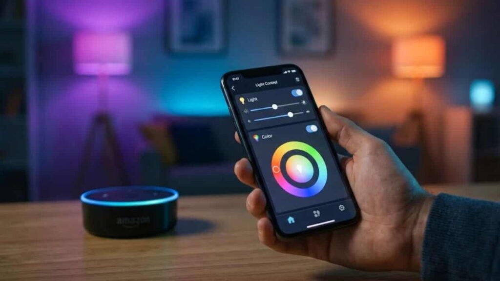 Automação com Alexa - Uma mão segurando um smartphone com um aplicativo de controle de iluminação colorido, com um dispositivo Amazon Echo Dot com anel de luz azul ao fundo em uma sala com ambiente de casa inteligente.