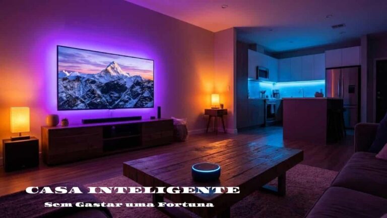 Uma sala de estar moderna à noite, iluminada por fitas de LED roxas atrás da TV e lâmpadas inteligentes laranjas, com um dispositivo Amazon Echo Dot centralizado na mesa de centro de madeira.