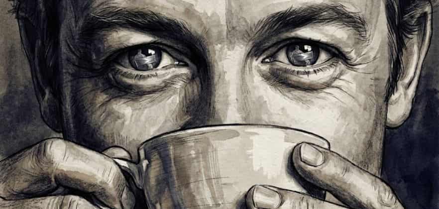 Perfilamento Psicológico - Ilustração em aquarela estilo esboço policial mostrando um close intenso dos olhos de Patrick Jane segurando uma xícara de chá com um sorriso irônico. Em suas pupilas, vê-se o reflexo minúsculo de um objeto enrolado em fita adesiva prateada, referente ao episódio "Red Handed".