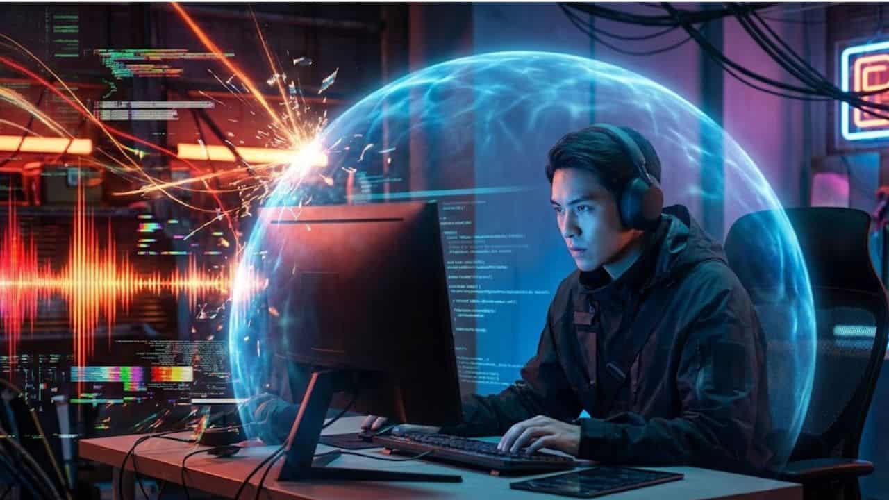 Pessoa usando fones de ouvido dentro de uma cúpula de energia azul que bloqueia ondas de som e ruído digital vermelho.