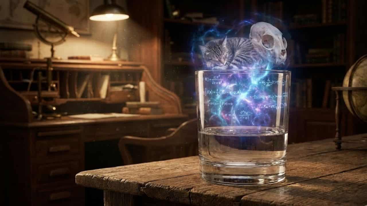 Ilustração conceitual do Gato de Schrödinger representada por um copo meio cheio de água, onde a metade superior está preenchida por energia quântica brilhante e silhuetas sobrepostas de um gato vivo e um gato morto.
