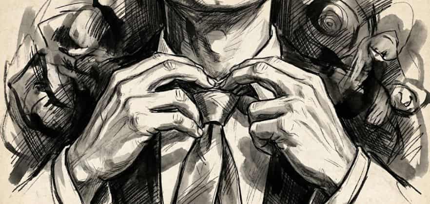 linguagem corporal de um mentiroso. Esboço dramático em tinta mostrando mãos masculinas ajustando nervosamente uma gravata, um sinal de tensão na linguagem corporal. O fundo é abstrato e sombrio.