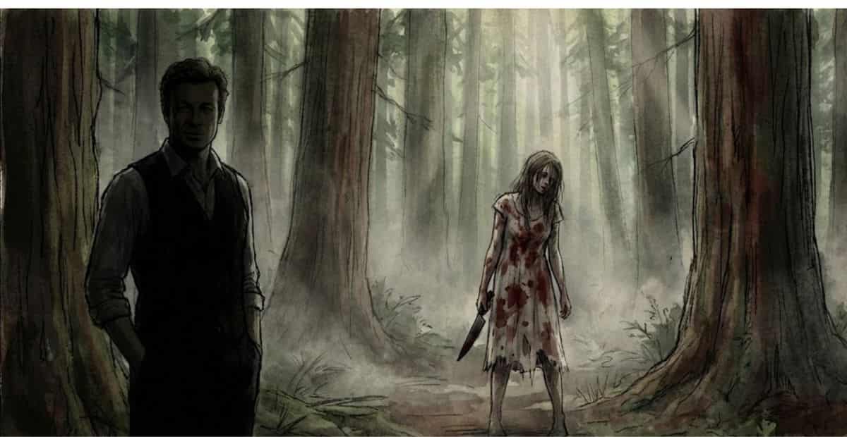 Ilustração em aquarela sombria de uma jovem desorientada e ensanguentada segurando uma faca em uma floresta de sequoias, com Patrick Jane observando ao fundo, representando a memória traumática no episódio Redwood de O Mentalista.