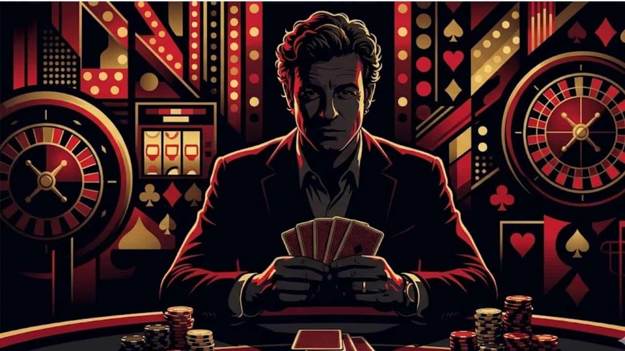 Ilustração estilizada no estilo graphic novel noir de Patrick Jane (O Mentalista) sentado em uma mesa de pôquer segurando cartas e olhando fixamente para a frente. O fundo é um padrão abstrato geométrico com elementos de cassino como roletas e naipes, usando uma paleta de cores de alto contraste em preto, vermelho carmesim e dourado.