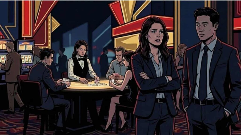 Análise de Tudo Por Dinheiro - Ilustração estilizada em close-up de uma mão empurrando uma pilha de fichas de pôquer vermelhas e douradas sobre uma mesa verde escura, com a silhueta de Patrick Jane observando ao fundo em estilo noir.