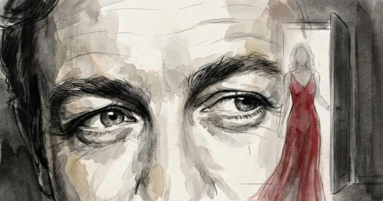 Ilustração em aquarela estilo esboço policial mostrando um close dos olhos de Patrick Jane observando, com a silhueta de uma mulher de vestido vermelho em uma porta ao fundo, referente ao episódio Ladies in Red de O Mentalista.