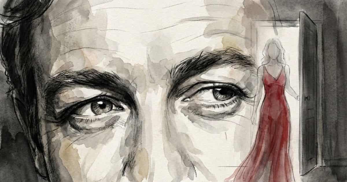 Ilustração em aquarela estilo esboço policial mostrando um close dos olhos de Patrick Jane observando, com a silhueta de uma mulher de vestido vermelho em uma porta ao fundo, referente ao episódio Ladies in Red de O Mentalista.