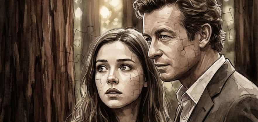 memória traumática - Ilustração em close-up estilo aquarela e esboço policial mostrando Patrick Jane calmamente ao lado de Nicole na floresta, guiando o olhar dela para ajudar a desbloquear suas memórias traumáticas no episódio Redwood.