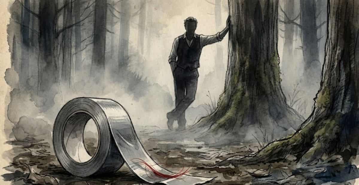 Ilustração estilo esboço policial em aquarela de Patrick Jane observando uma cena de crime na floresta enevoada, com um rolo de fita adesiva prata e um fio de cabelo ruivo em primeiro plano, a pista chave do episódio "Red Handed" (Mão Vermelha).