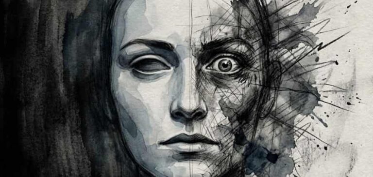 Ilustração artística em carvão e aquarela mostrando um rosto dividido ao meio: o lado esquerdo exibe uma máscara de calma perfeita, enquanto o direito está borrado e caótico, representando ansiedade oculta.