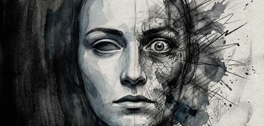 Ilustração artística em carvão e aquarela mostrando um rosto dividido ao meio: o lado esquerdo exibe uma máscara de calma perfeita, enquanto o direito está borrado e caótico, representando ansiedade oculta.