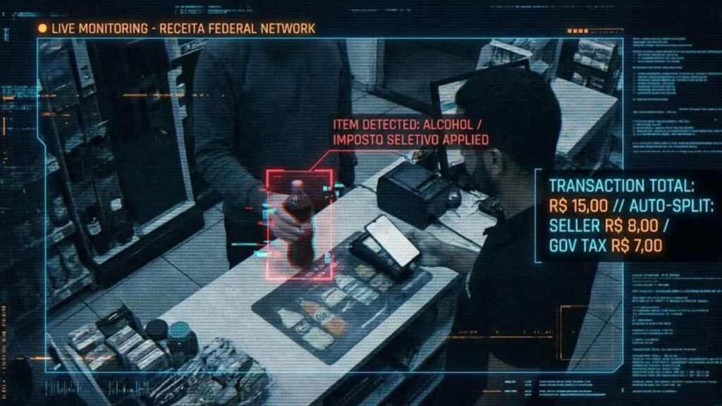 Tela de monitoramento digital estilo cyberpunk mostrando uma compra sendo escaneada e o imposto seletivo sendo aplicado automaticamente via split payment.