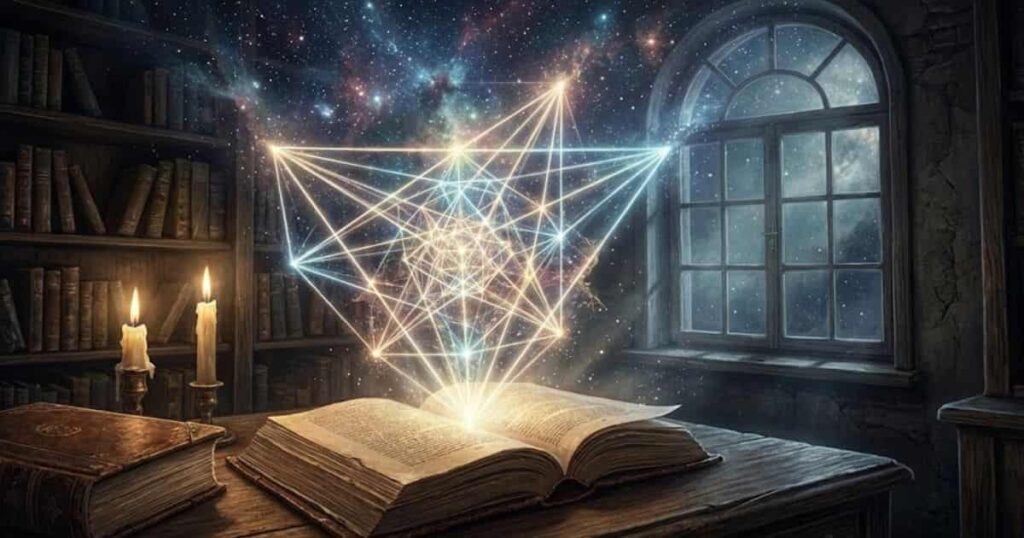 Allan Kardex -Estrutura geométrica de luz brilhante emergindo de um livro antigo e conectando-se às estrelas.